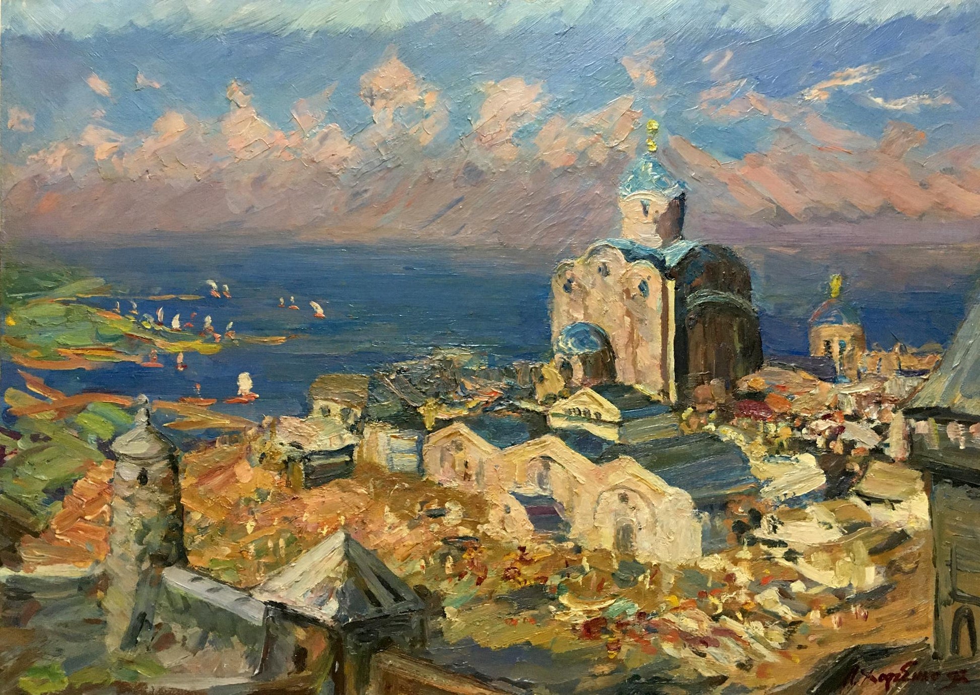 Vibrant impressionistic oil painting of coastal cityscape by Khodchenko Lev Pavlovich