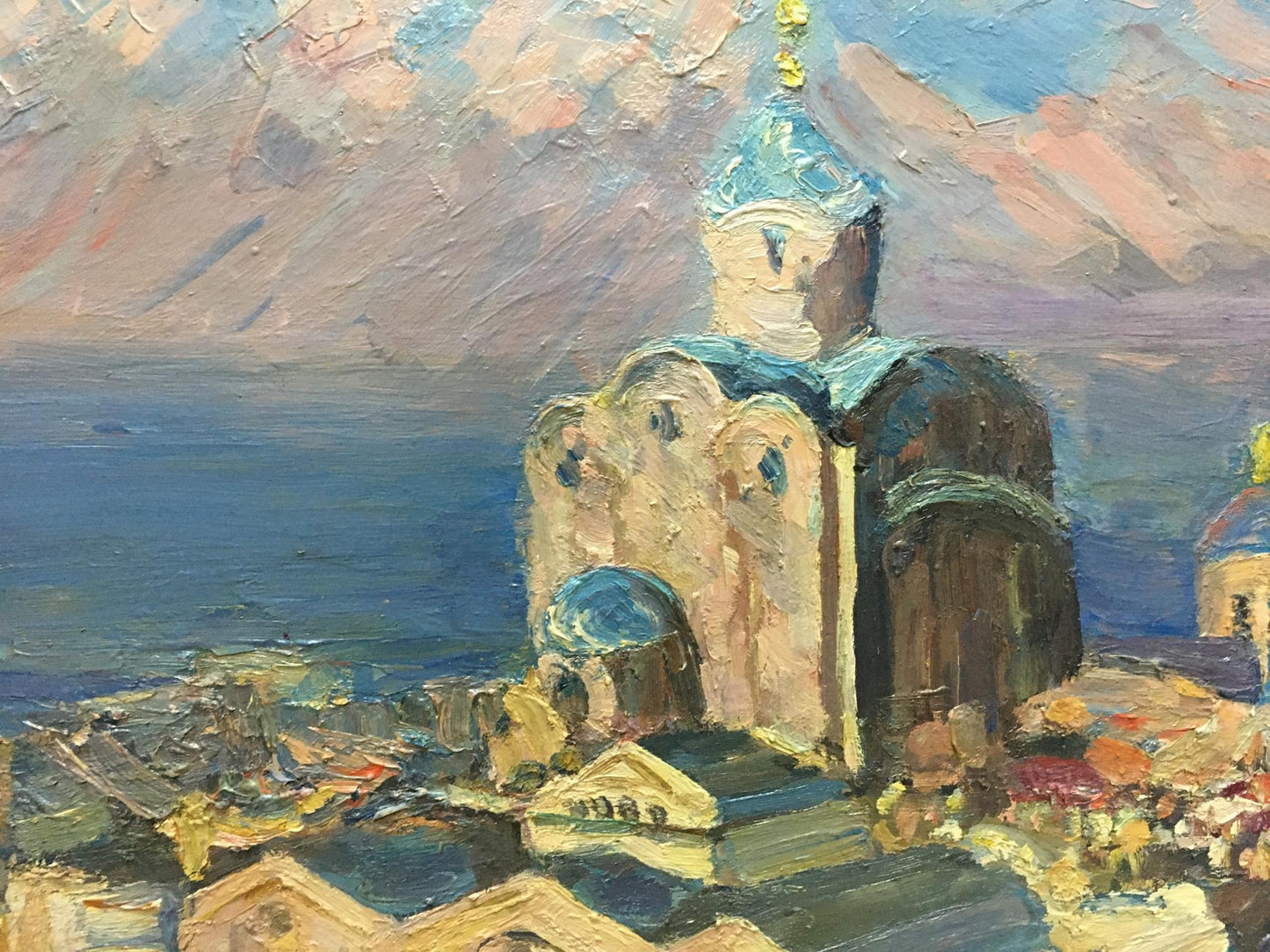 Oil painting by Khodchenko Lev Pavlovich: stone church with blue domes amid mountains