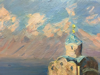 Oil painting by Khodchenko Lev Pavlovich: church dome in city landscape