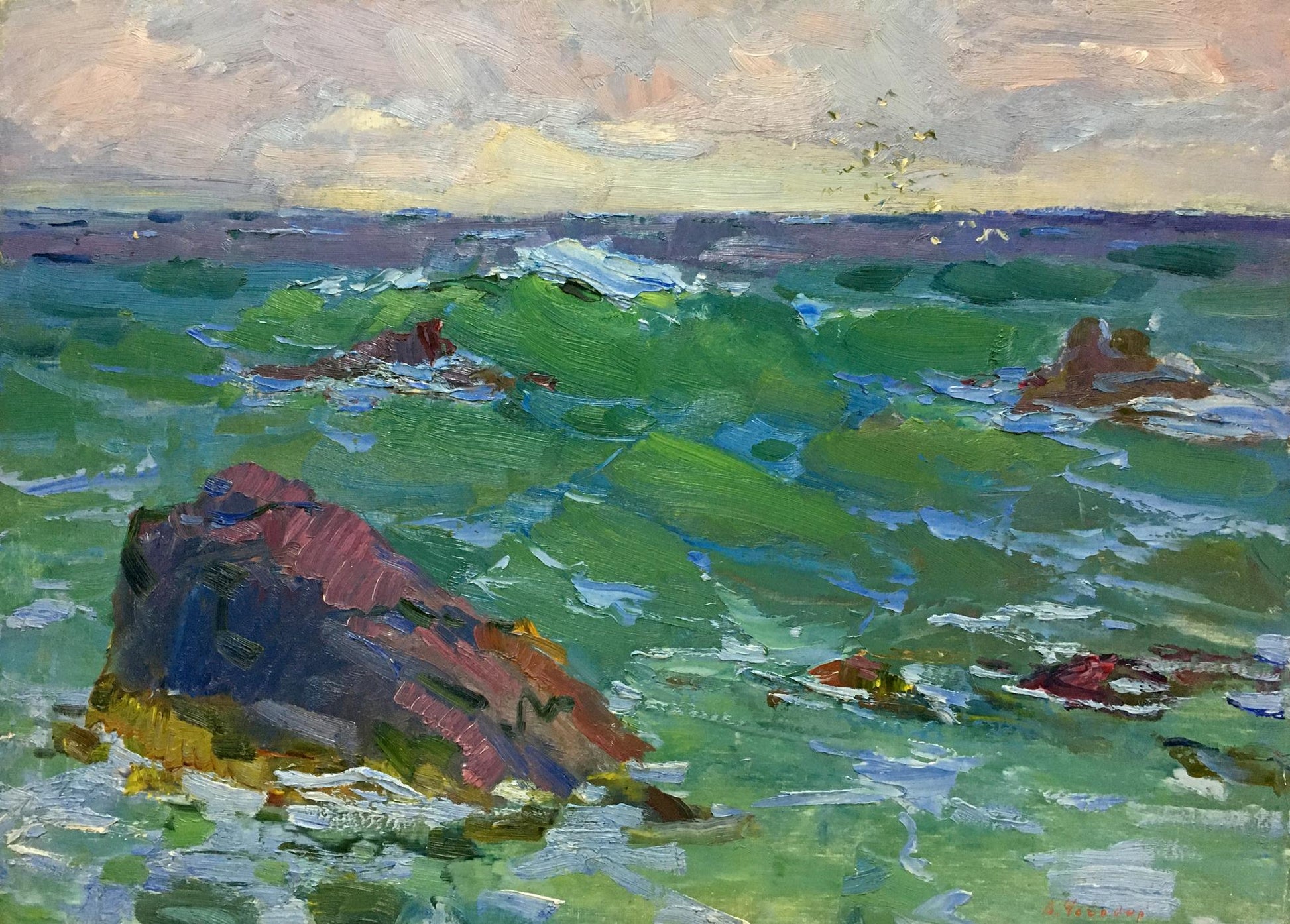 Vibrant impressionist oil painting by Chegodar Vasily Dmitrievich of turbulent ocean waves crashing on colorful rocks under pastel sky