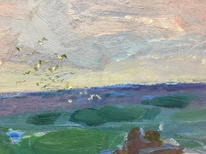 Textured impressionist oil painting by Chegodar Vasily Dmitrievich of serene lake