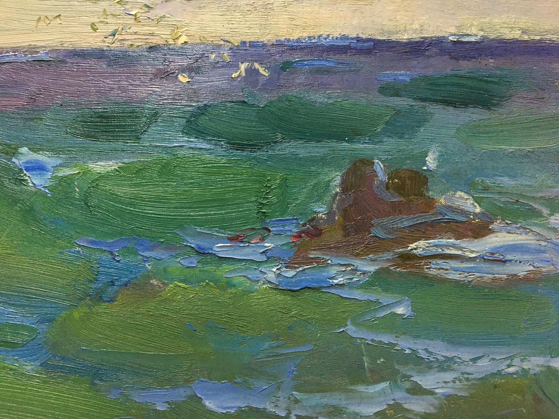 Oil painting by Vasily Dmitrievich Chegodar: figures on lily pond under yellow sky