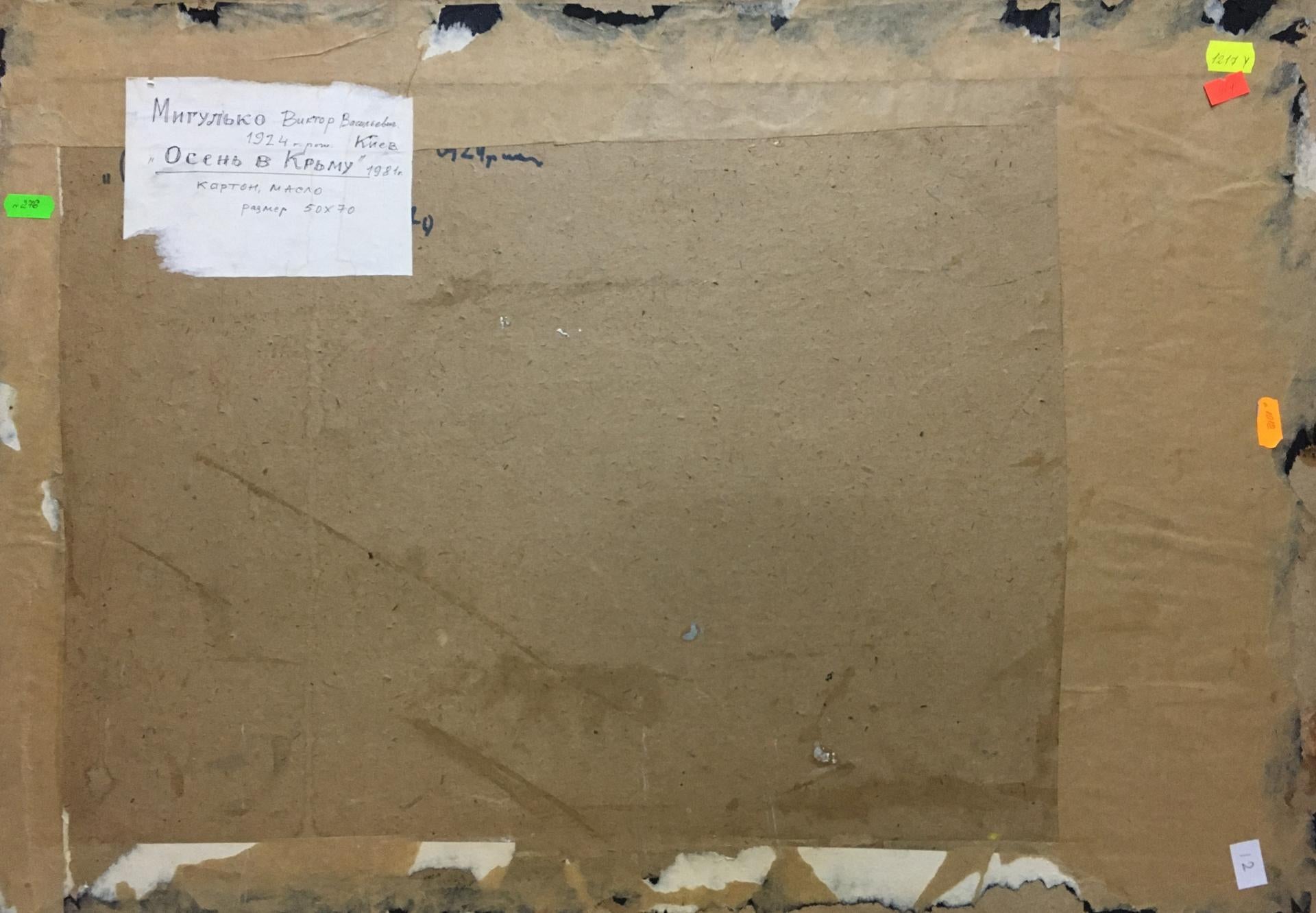 Back of Oil painting Field by Migulko Victor Vasilievich with cardboard backing, handwritten label and colorful sticky notes