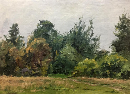 Oil painting Near the forest by Yakovlev B. N., lush green landscape