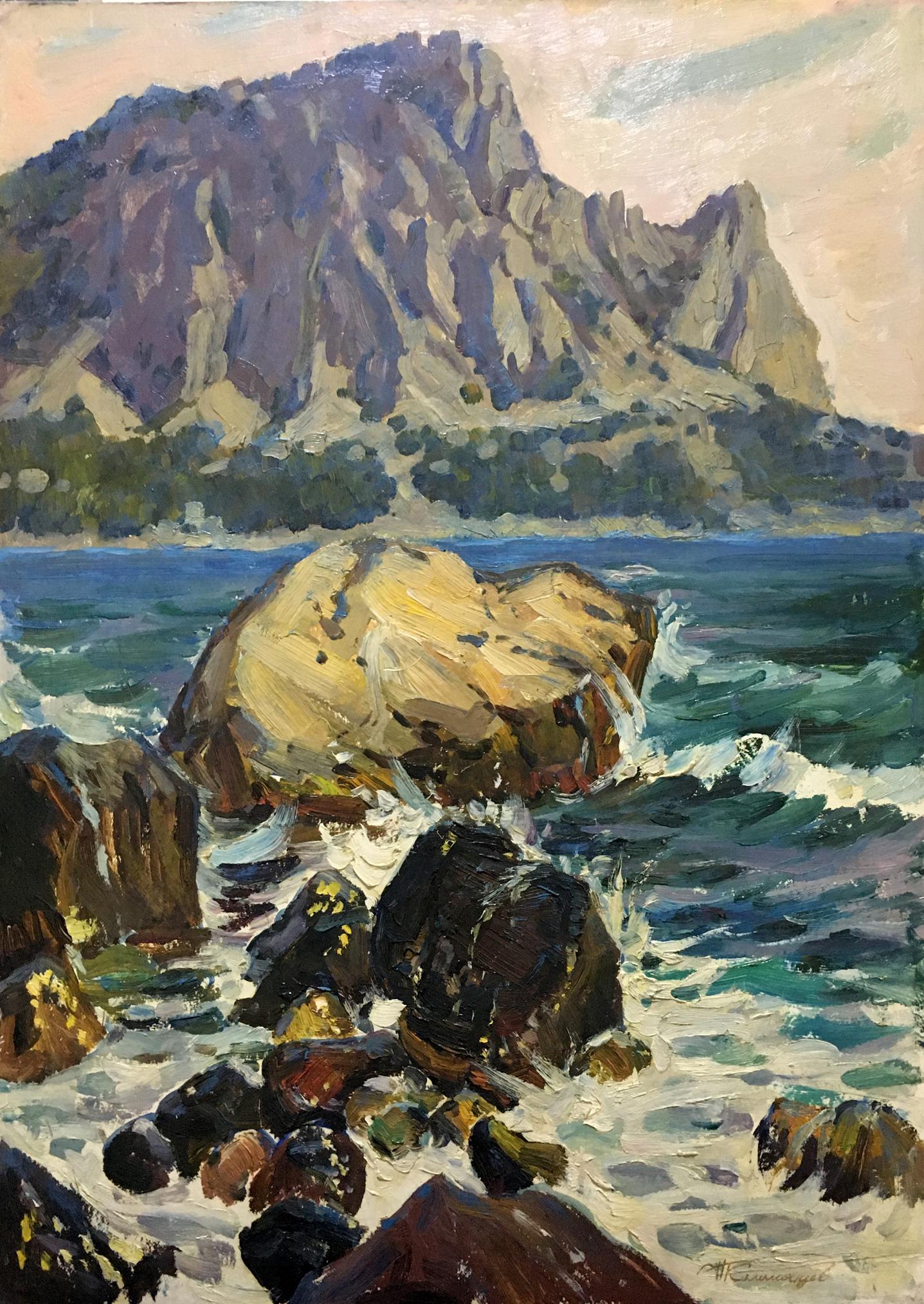 Oil painting of rugged coastal landscape with sea and mountains by Petr Kolomoitsev