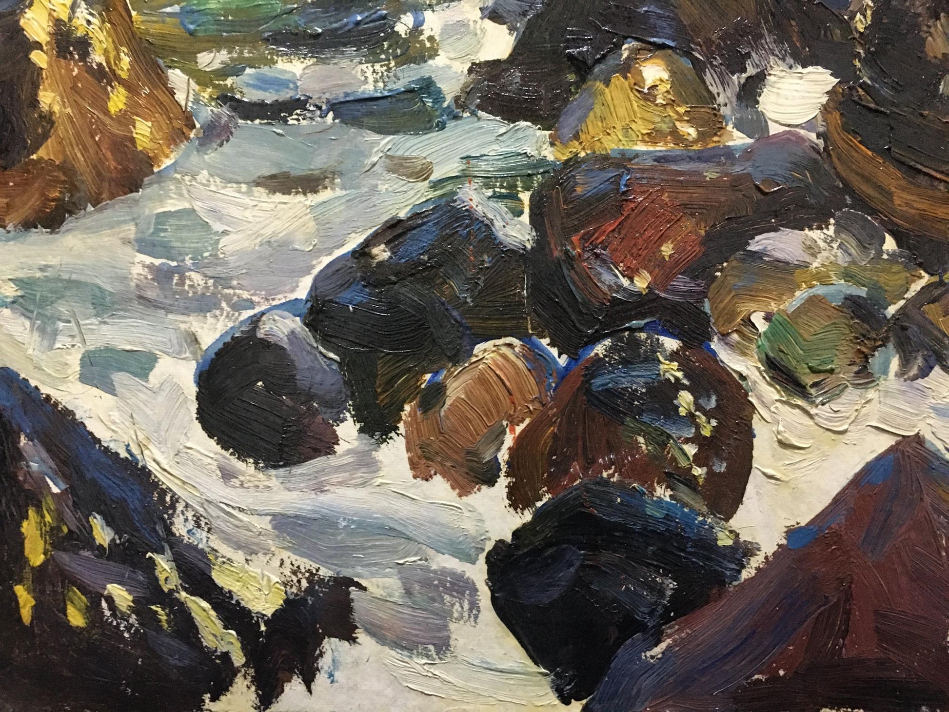 Oil painting of rugged sea rocks and mountains by Petr Kolomoitsev