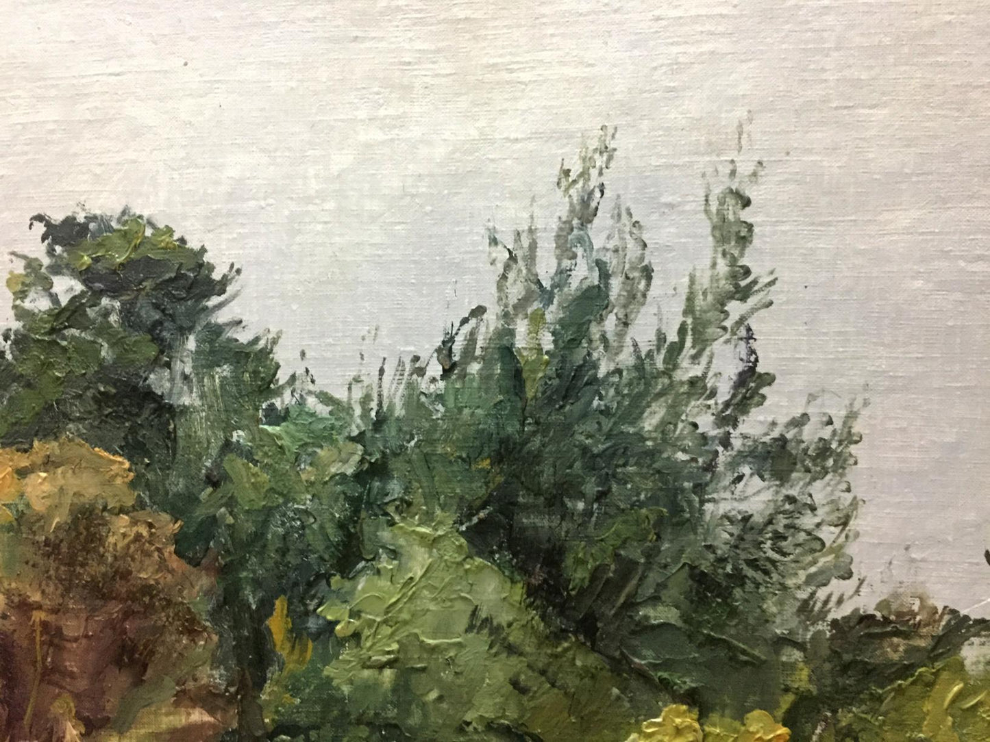 Oil painting Near the forest by Yakovlev B. N. lush green bushes textured sky