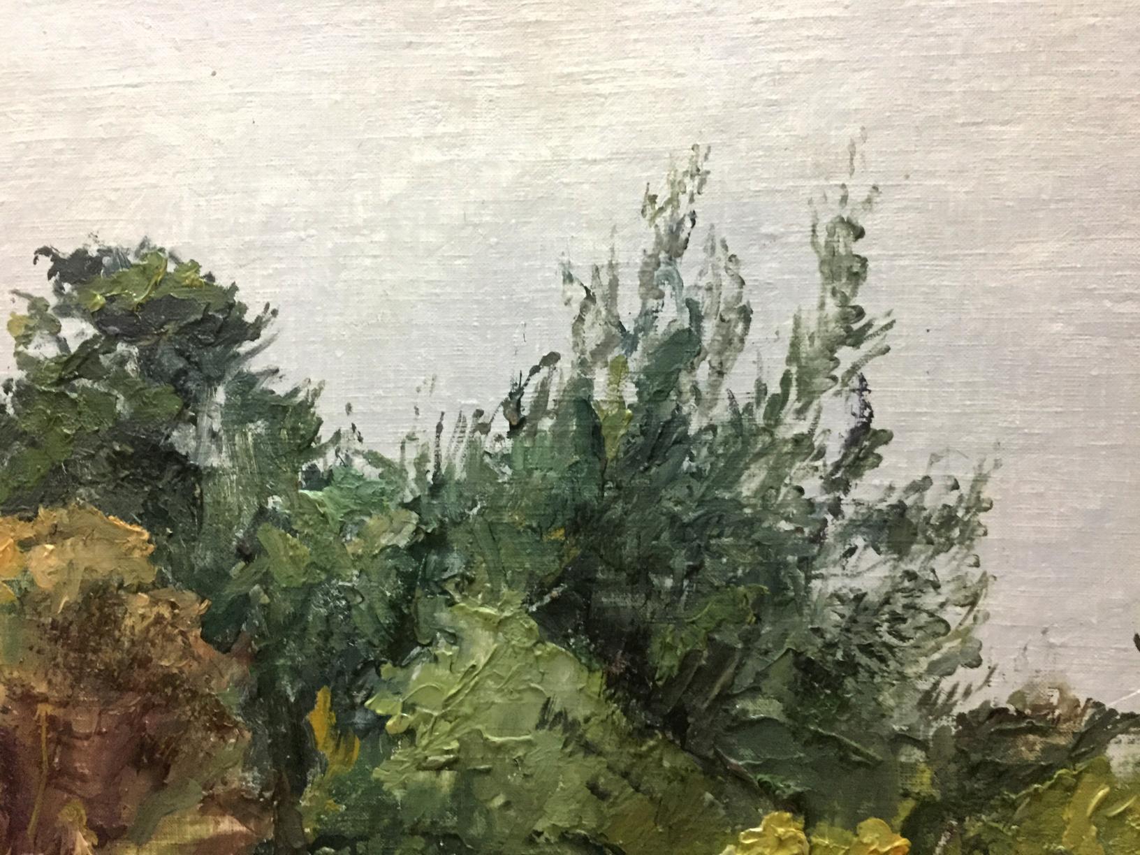 Oil painting Near the forest by Yakovlev B. N. lush green bushes textured sky