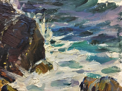 Oil painting of turbulent sea waves crashing on rugged mountains by Petr Kolomoitsev