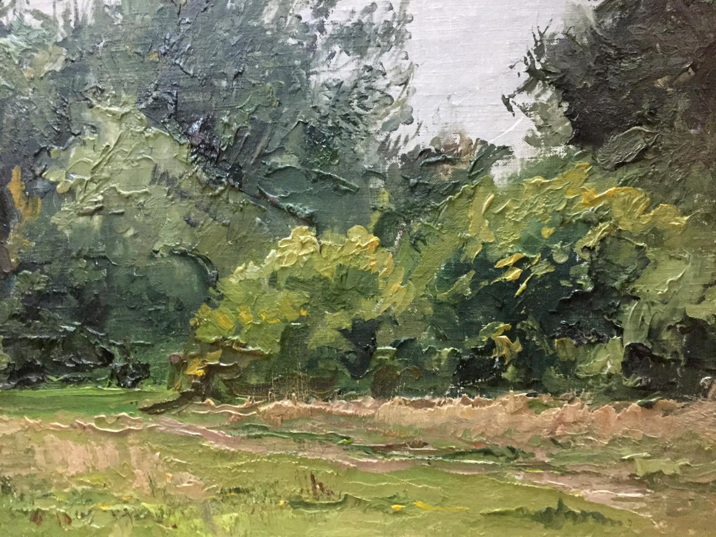 Impasto oil painting Near the forest by Yakovlev B. N., lush green textured scene