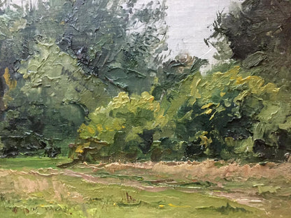 Impasto oil painting Near the forest by Yakovlev B. N., lush green textured scene