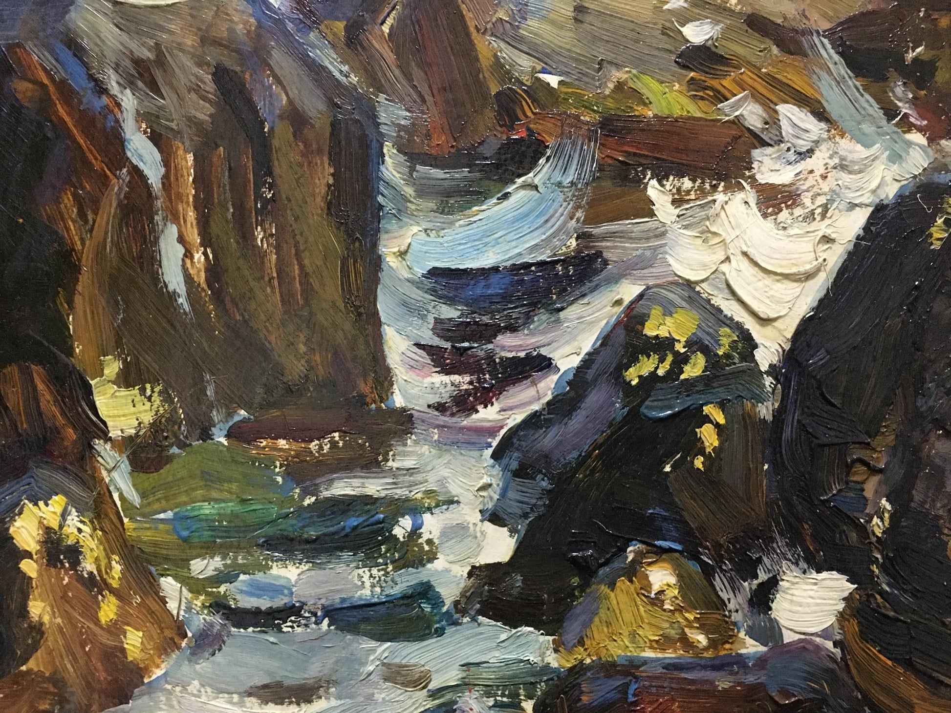 Impressionistic oil painting by Petr Kolomoitsev of rushing river in rocky mountains