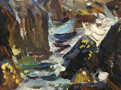 Impressionistic oil painting by Petr Kolomoitsev of rushing river in rocky mountains