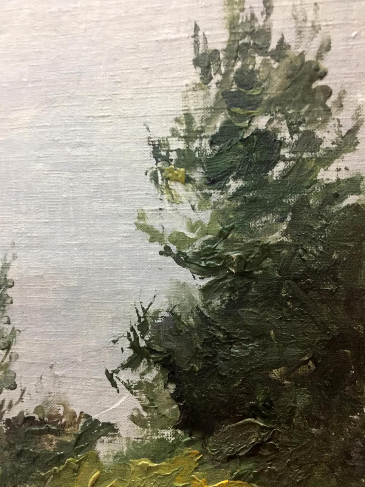 Oil painting Near the forest by Yakovlev B. N. textured pine tree