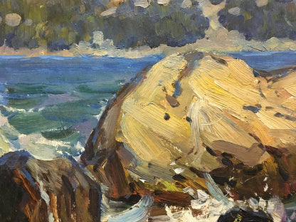 Oil painting by Petr Kolomoitsev: golden-yellow rock by turbulent sea