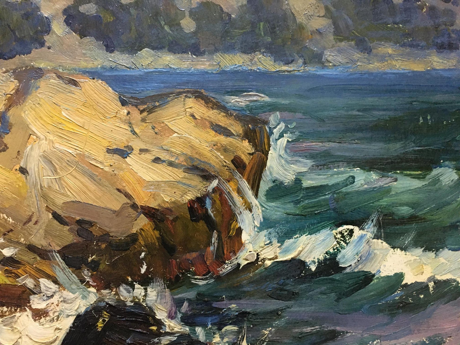 Oil painting of sea waves and rocky mountains by Petr Kolomoitsev