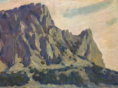 Oil painting of rugged mountains and sea beauty by Petr Kolomoitsev