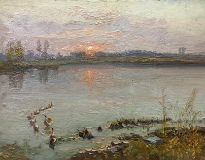 Impressionistic oil painting of tranquil lake at dusk by Zhezher Anatoly Mikhailovich