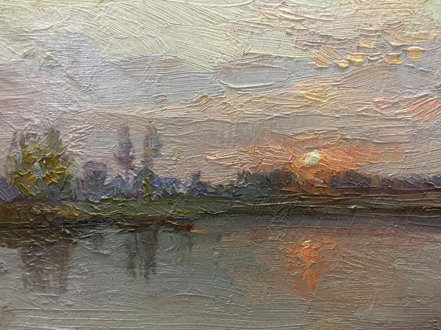 Oil painting The Sun is rising by Zhezher Anatoly Mikhailovich, serene sunset over water