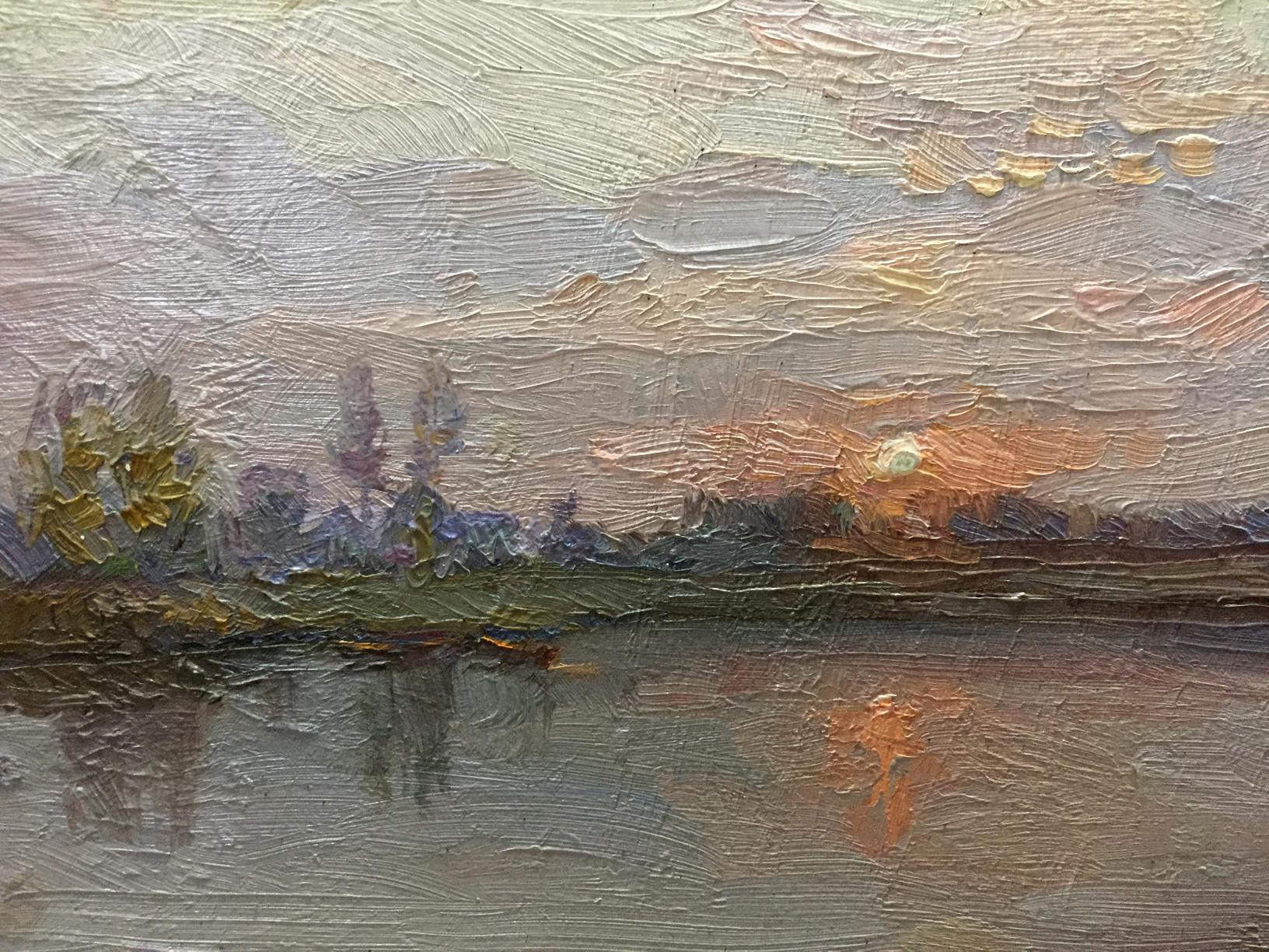 Oil painting The Sun is rising by Zhezher Anatoly Mikhailovich, serene sunset over water