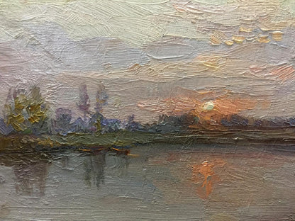 Oil painting The Sun is rising by Zhezher Anatoly Mikhailovich, serene sunset over water