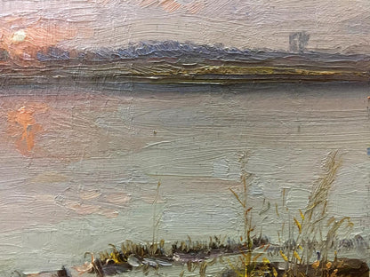 Oil painting The Sun is rising by Zhezher Anatoly Mikhailovich, tranquil lakeside in pastel hues