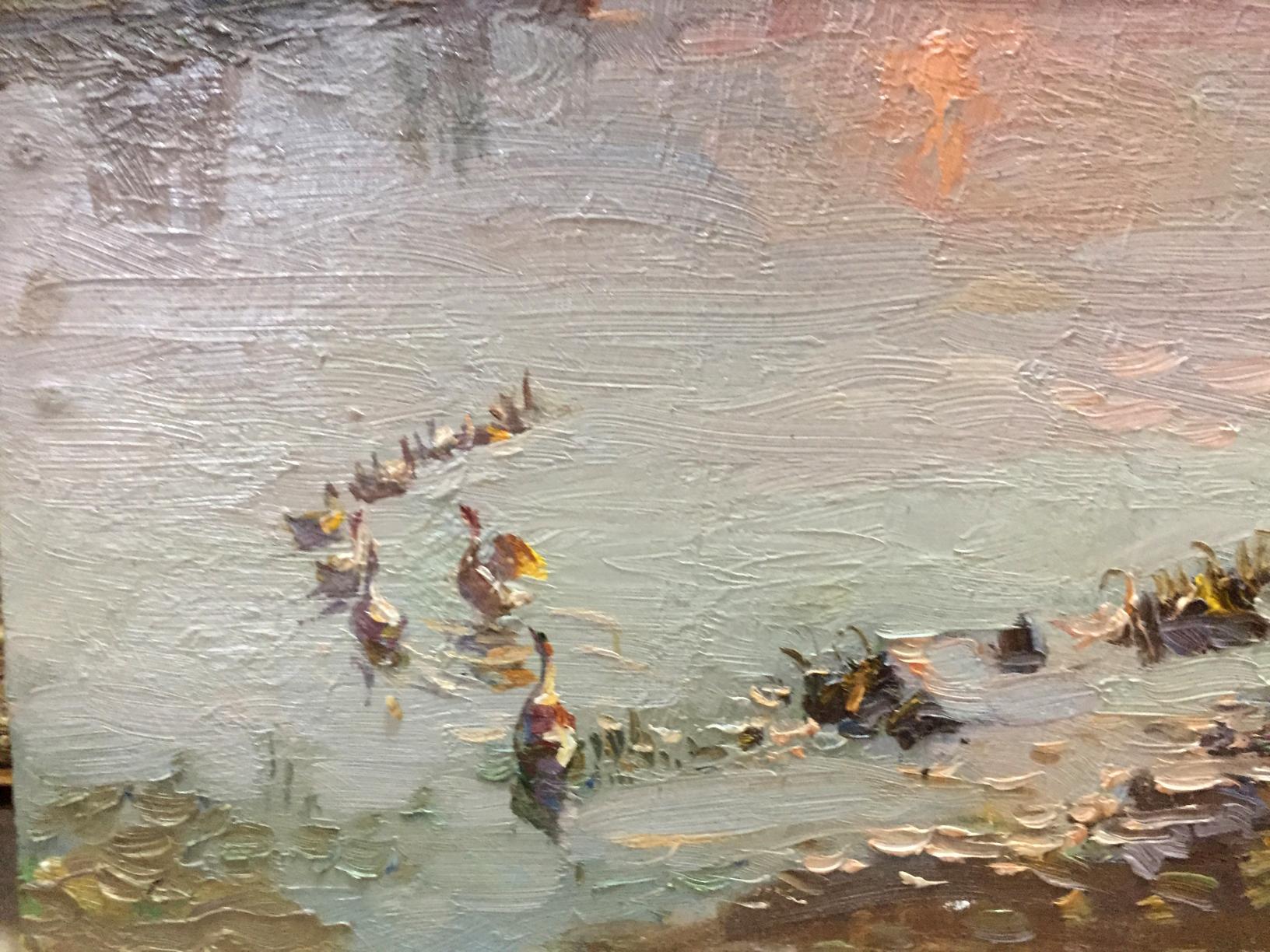 Oil painting by Zhezher Anatoly Mikhailovich: ducks on reflective water