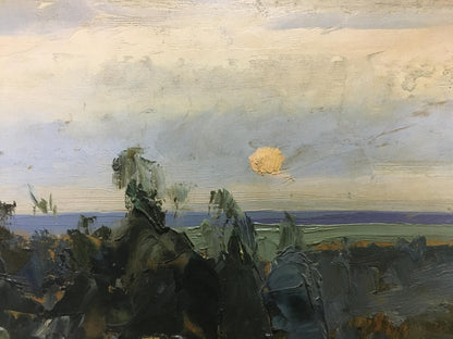 Oil painting Twilight by Boris Nikolaevich Yakovlev: rugged hills, pale sky, yellow sun