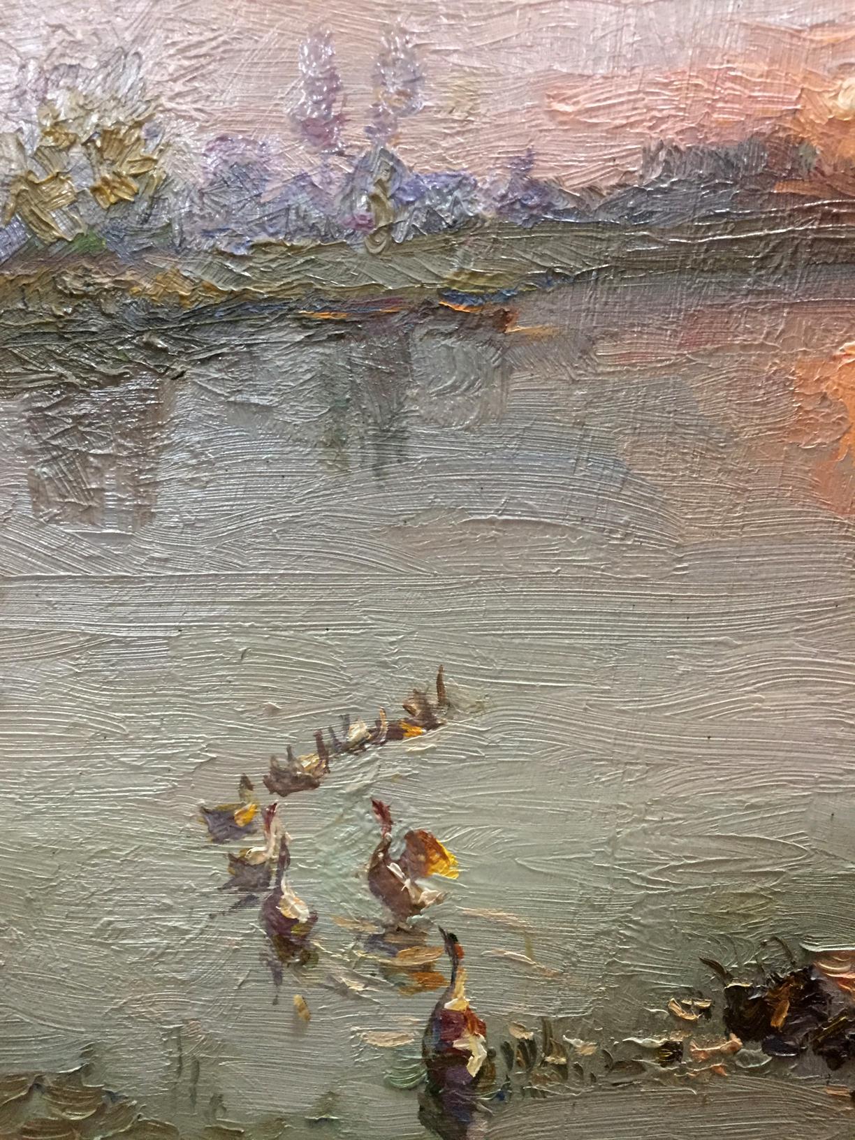 Oil painting by Zhezher Anatoly Mikhailovich: ducks in calm water at sunrise