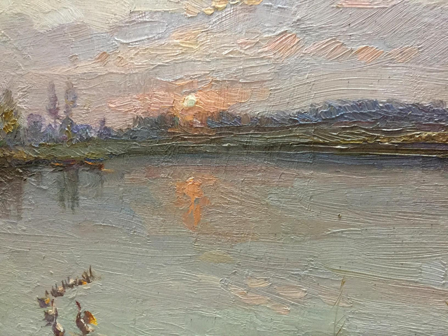 Oil painting The Sun is rising by Zhezher Anatoly Mikhailovich, serene sunset over water