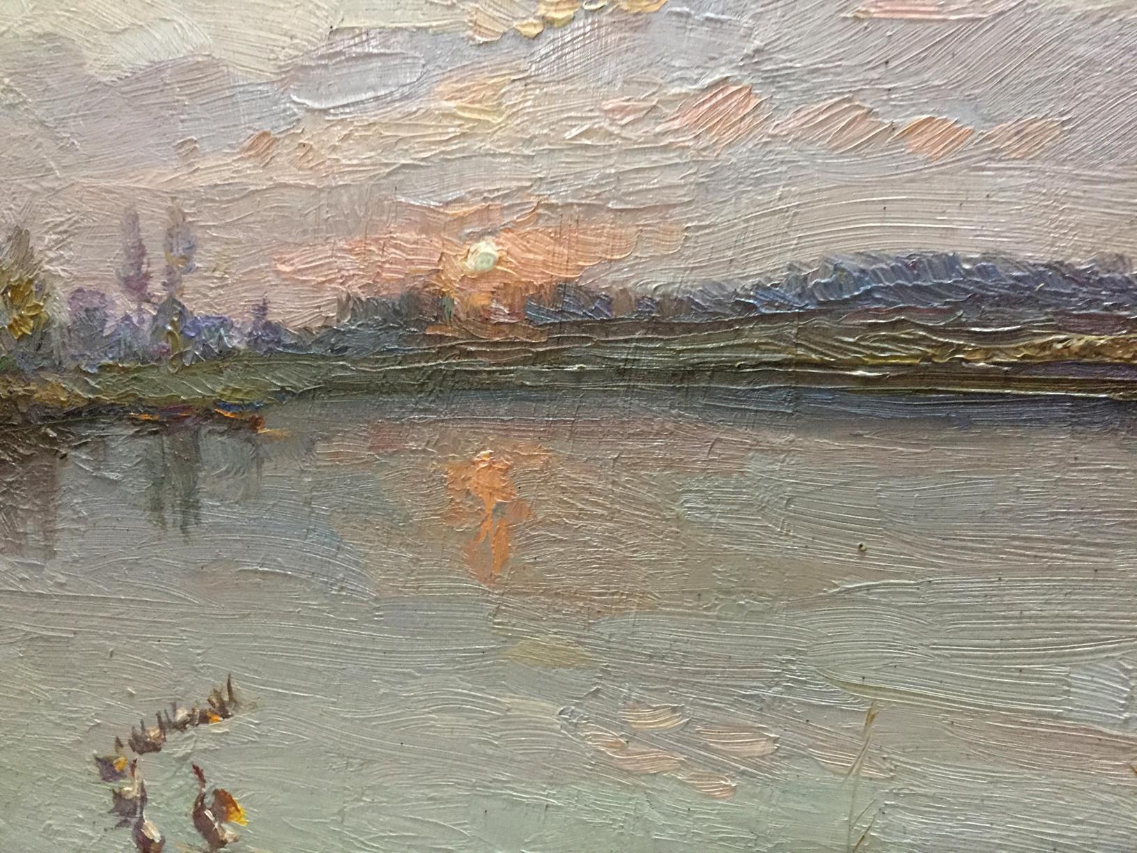 Oil painting The Sun is rising by Zhezher Anatoly Mikhailovich, serene sunset over water