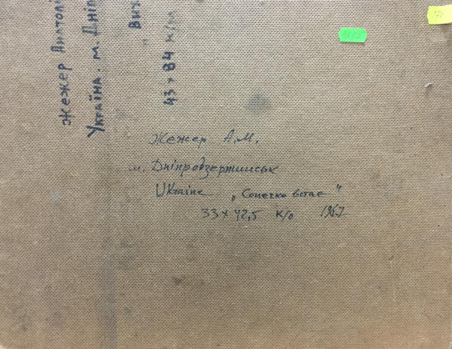 Back of oil painting The Sun is rising by Zhezher Anatoly Mikhailovich with Cyrillic text and sticky notes
