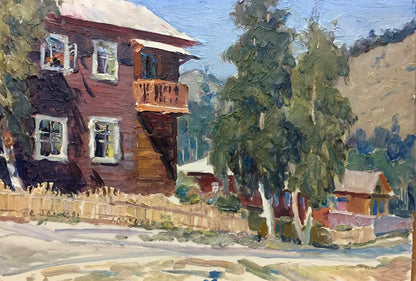 Oil painting of rustic red wooden house with balcony amid green trees