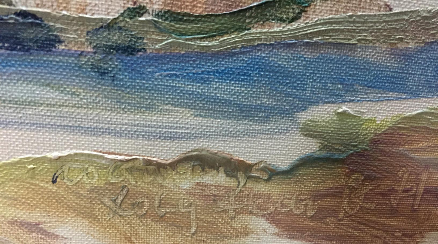 Textured oil painting of street life landscape in blues greens earthy tones
