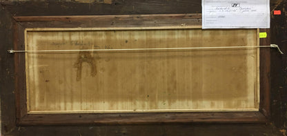 The back of a framed painting with a wooden frame and a beige canvas backing, secured by a thin wire across the top.