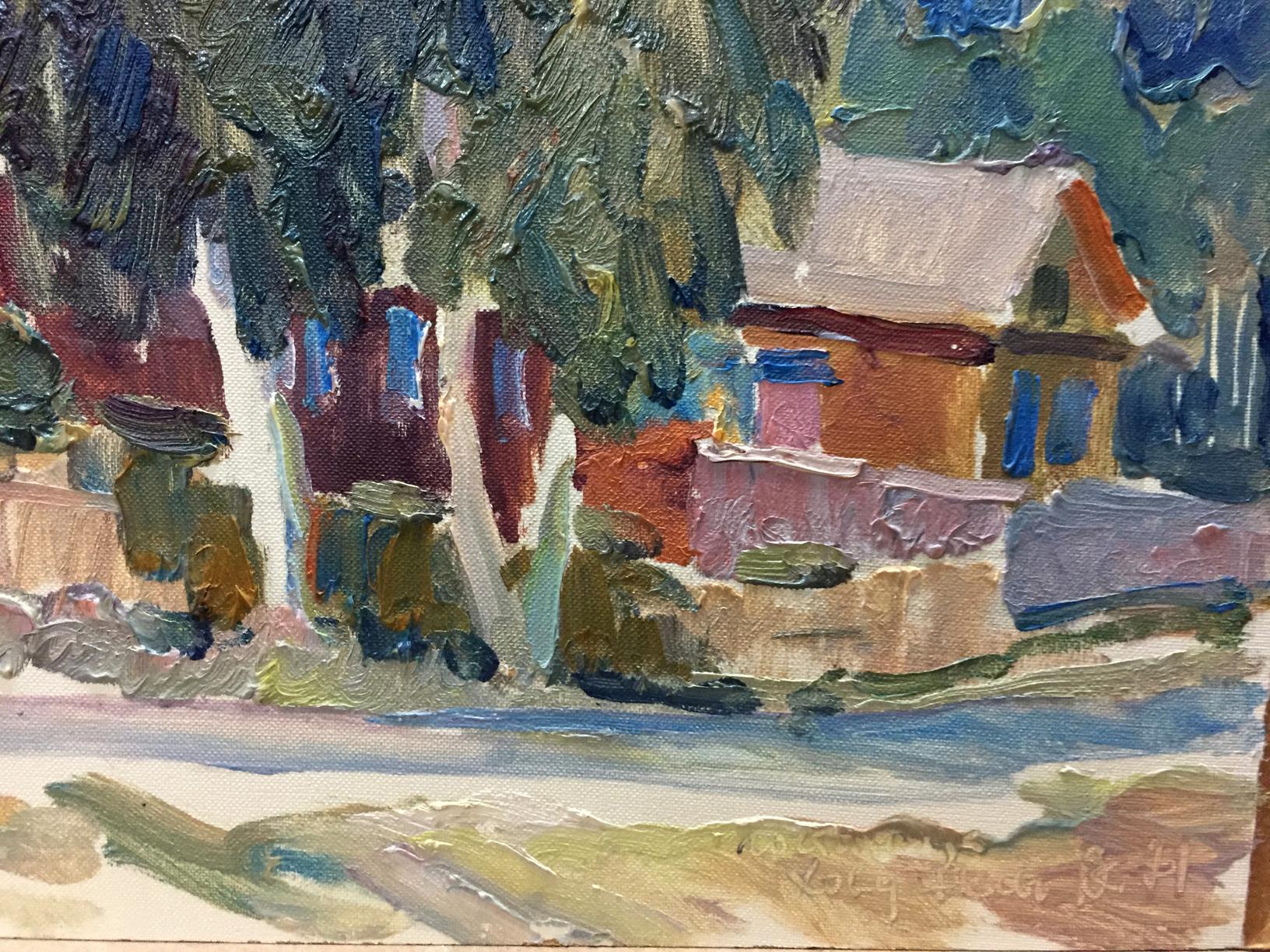 Textured oil painting of rustic street life house with red walls, blue windows, green trees