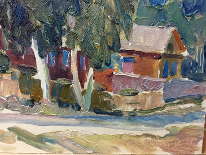 Textured oil painting of rustic street life house with red walls, blue windows, green trees