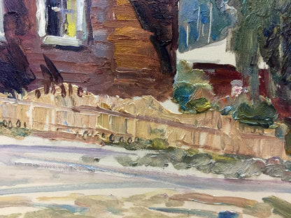 Oil painting of textured wooden fence in street life scene
