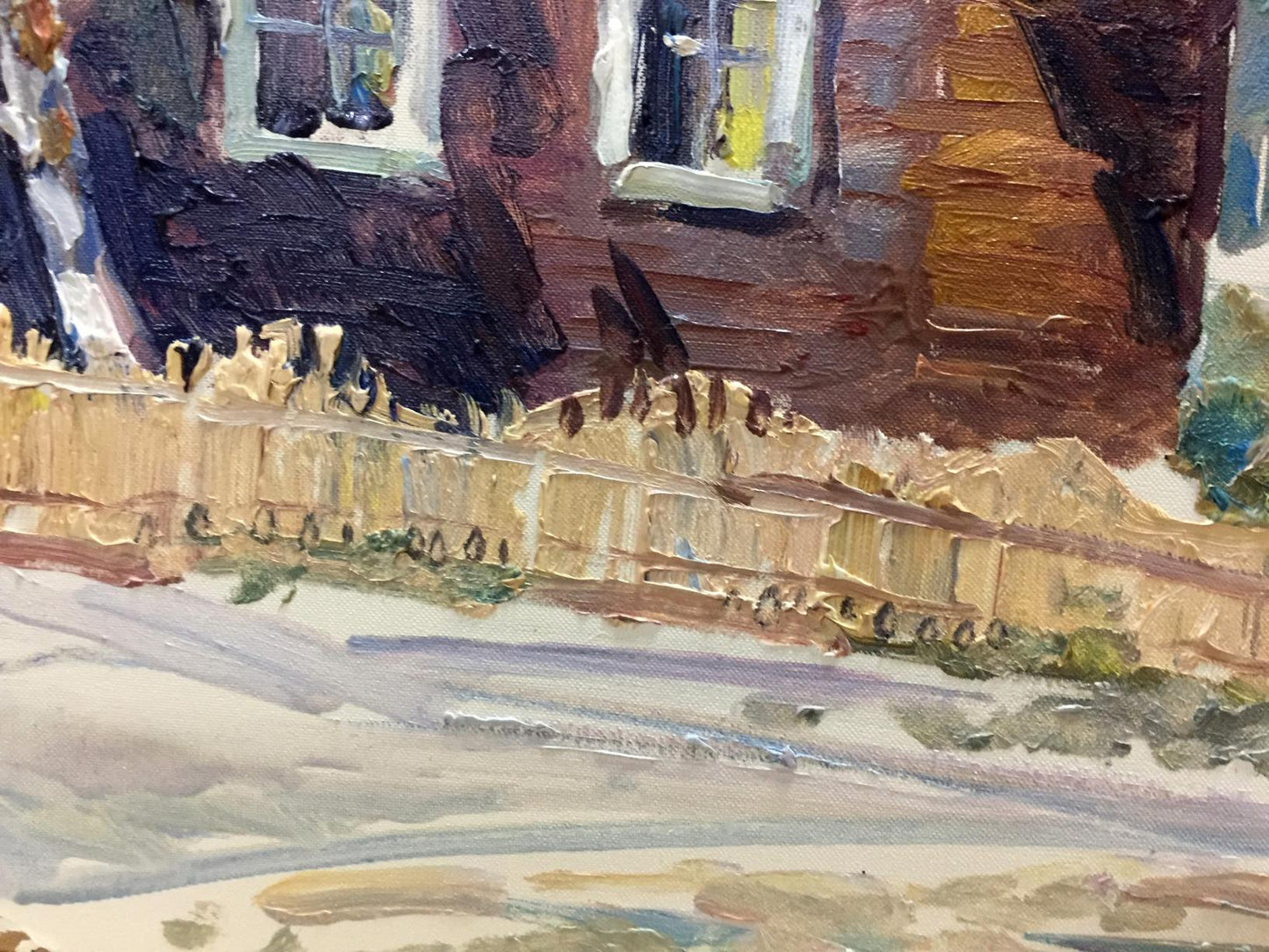Textured impressionistic oil painting of weathered wooden fence in street life scene