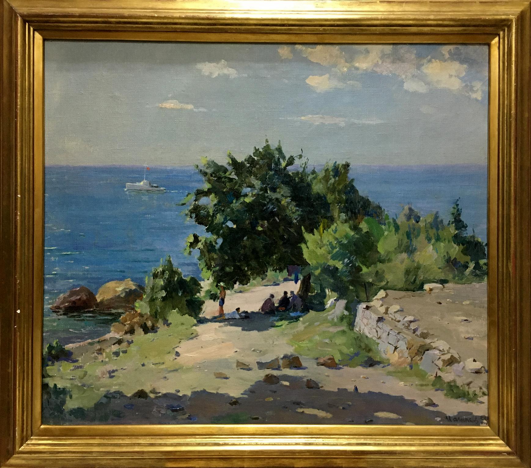 Golden-framed oil painting by Manyukov M.N. of coastal landscape