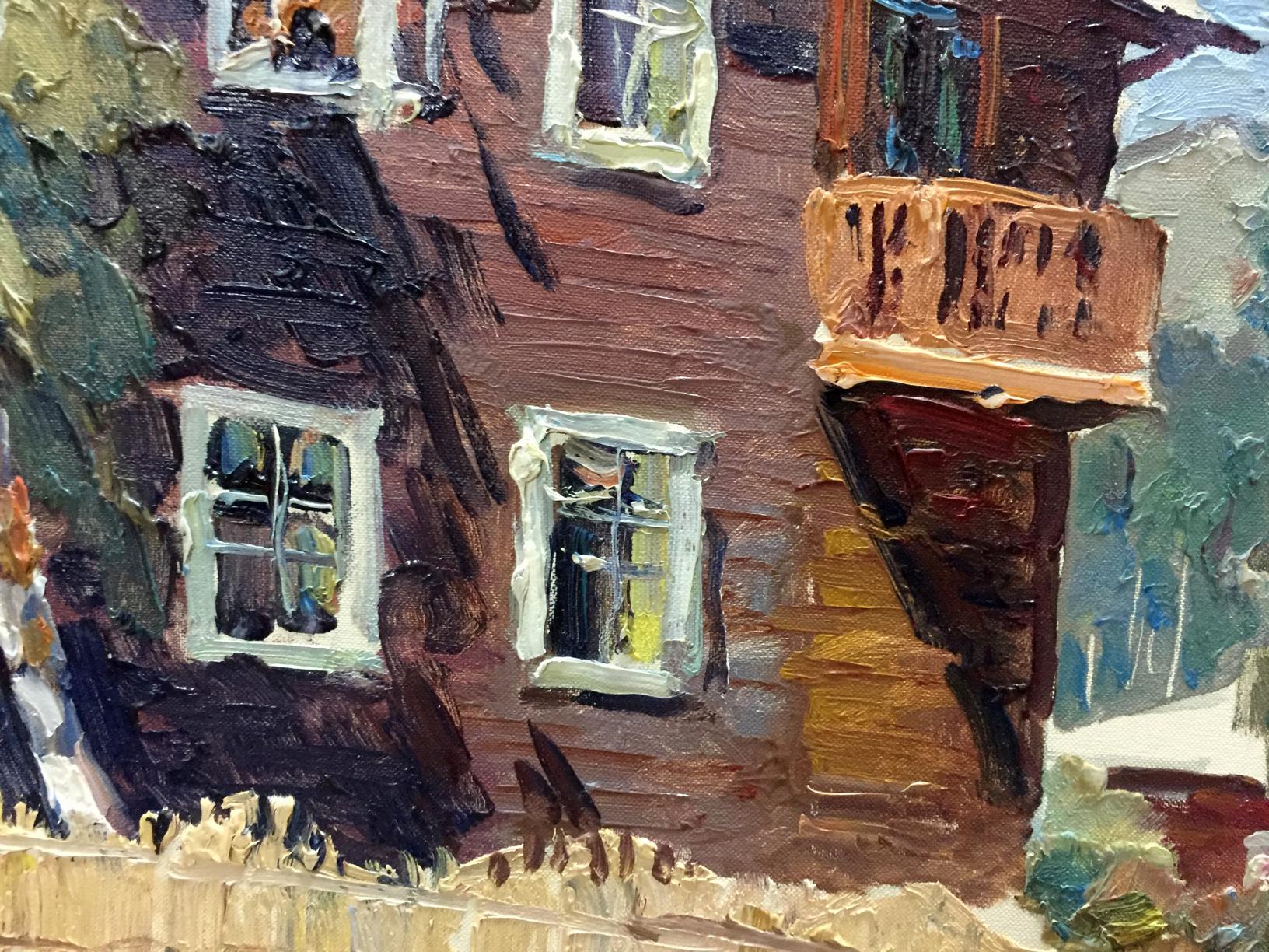 Textured oil painting of rustic brown brick building with orange balcony