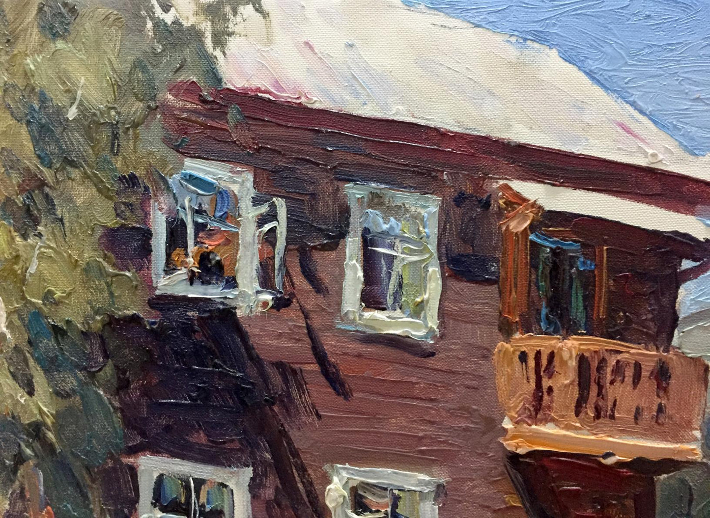 Oil painting Street life: rustic red wooden house with snow-dusted roof