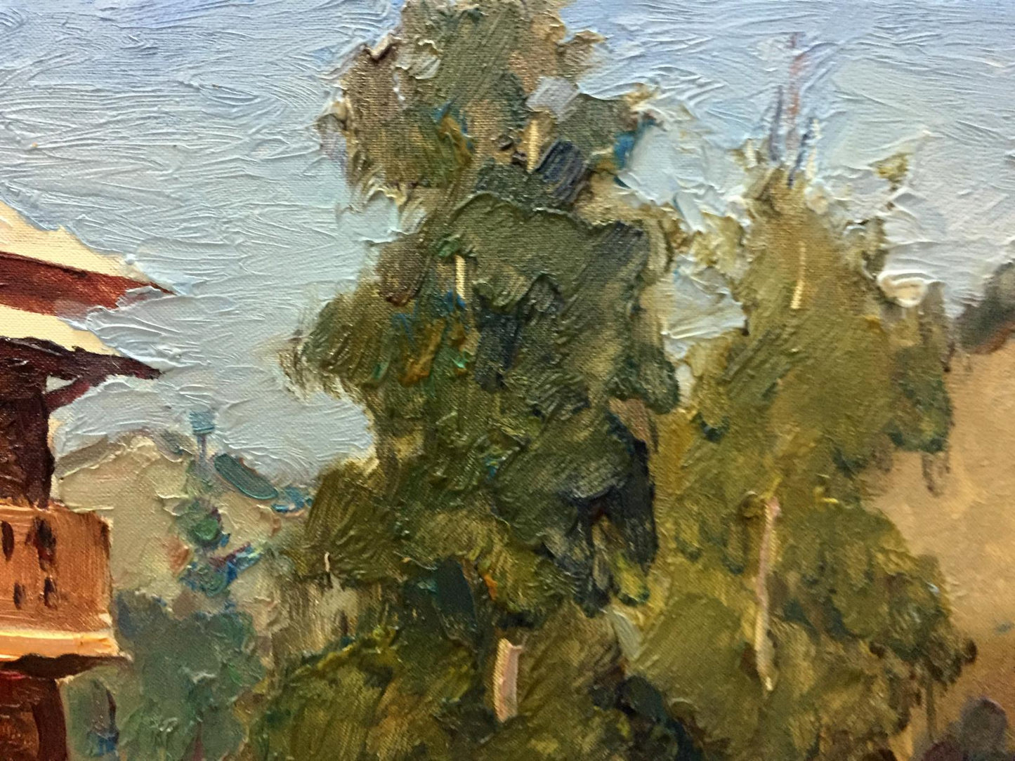 Textured oil painting of lush green tree in street life scene