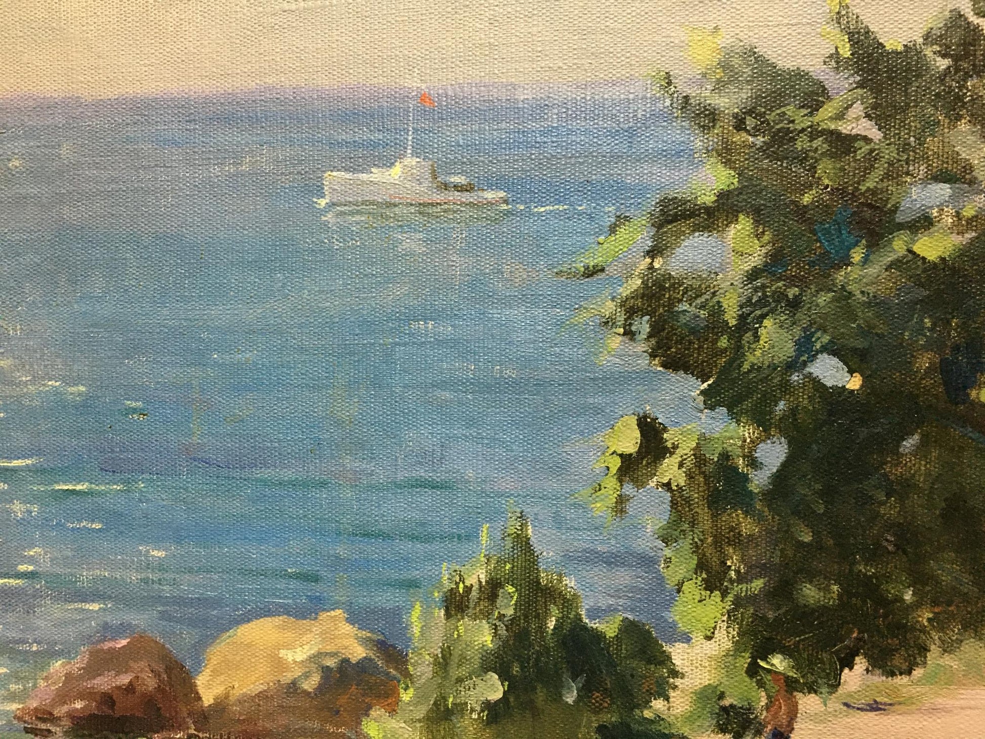 Oil painting of white yacht with red flag sailing blue sea by Manyukov M.N