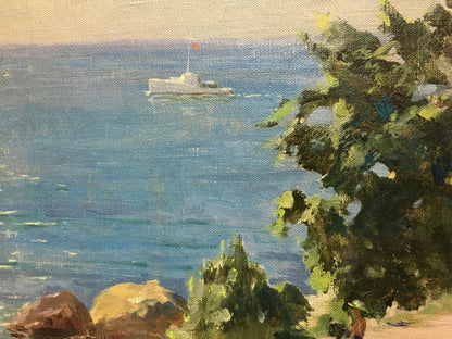 Oil painting of white yacht with red flag sailing blue sea by Manyukov M.N