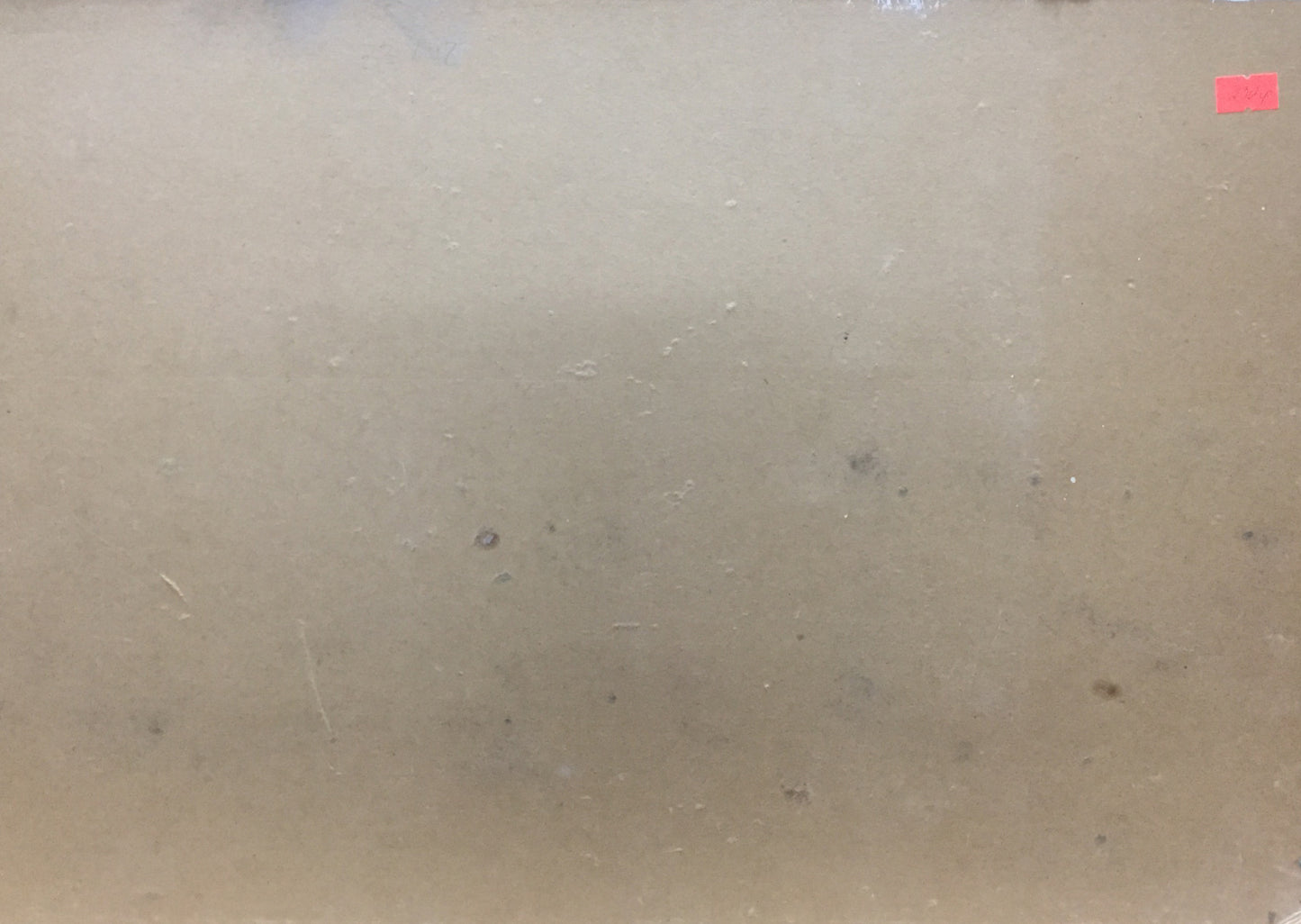 Back of Oil painting Street life with beige scratched plastic and red sticker
