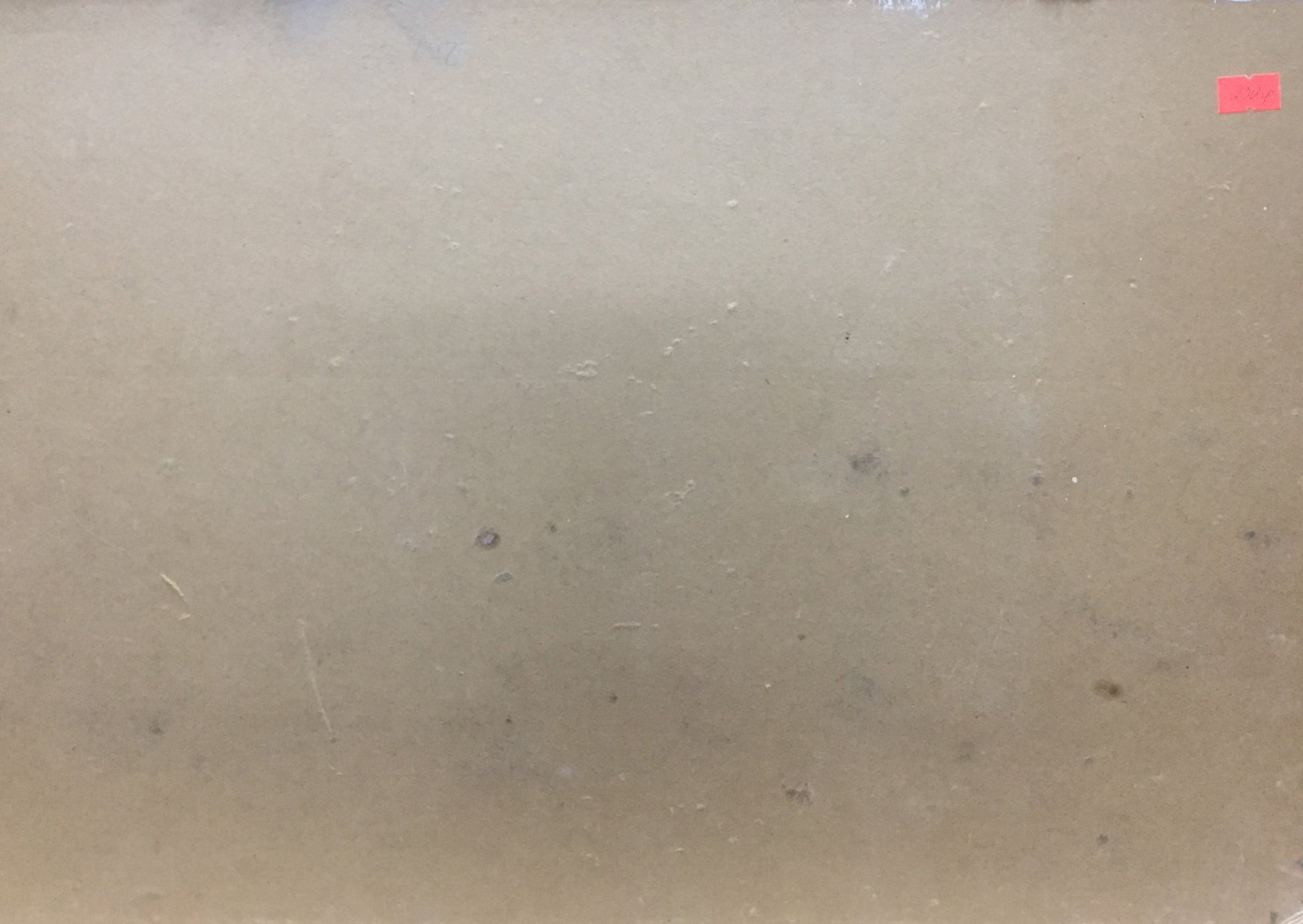 Back of Oil painting Street life with beige scratched plastic and red sticker