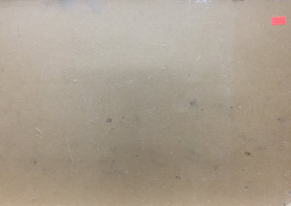 Back of Oil painting Street life with beige scratched plastic and red sticker