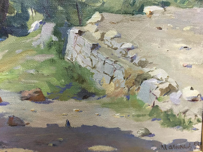 Oil painting of coastal landscape by Manyukov M.N. on textured stone wall