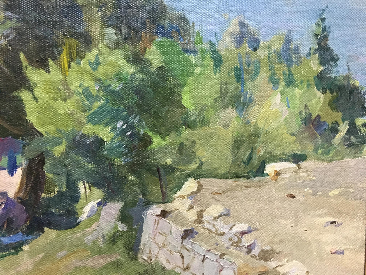 Oil painting by Manyukov M.N.: sunlit coastal landscape with lush foliage and stone wall
